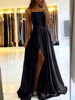 Modern Black Halter Floor Length A-Line Stretch Satin Prom Dresses Bridesmaid Dresses Homecoming Dresses_10