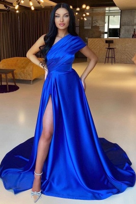 Elegant Sapphire Floor-Length One Shoulder Sleeveless A-Line Stretch Satin Prom Dresses with Ruffles_1