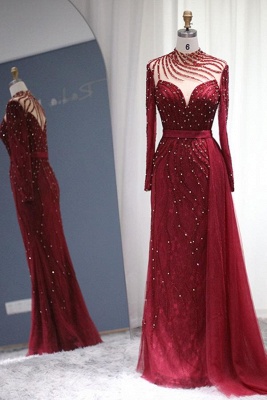 Elegant Dark Red High Collar A-Line Beading Floor Length Tulle Homecoming Prom Dresses_1