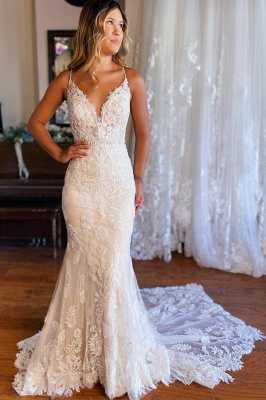 Elegant Spaghetti Strap Sweetheart Chapel Mermaid Sleeveless Wedding Dresses_1