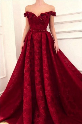 Elegant Dark Red Off the Shoulder A-Line Sleeveless Lace Prom Dresses_1