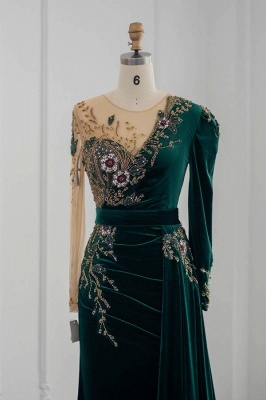 Deluxe Dark Green Floor-Length Long Sleeve A-Line Beading Velvet Prom Dresses with Ruffles_2