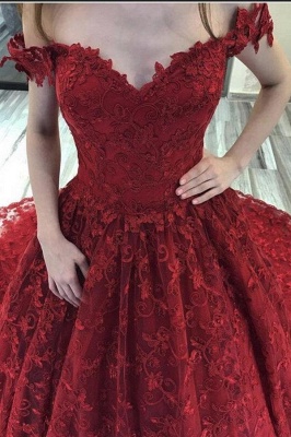 Elegant Red Chapel Off the Shoulder Sleeveless Lace Ball Gown Wedding Dresses with Appliques_3
