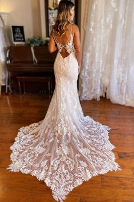 Elegant Spaghetti Strap Sweetheart Chapel Mermaid Sleeveless Wedding Dresses_4