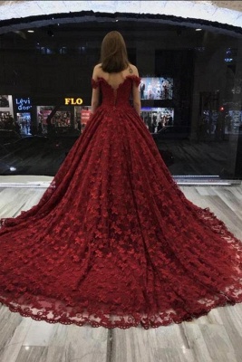 Elegant Red Chapel Off the Shoulder Sleeveless Lace Ball Gown Wedding Dresses with Appliques_2