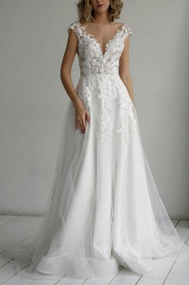 Exquisite Floor-Length A-Line V-Neck Chapel Backless Sleeveless Wedding Dresses with Appliques_1
