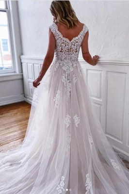 Elegant Chapel V-Neck A-Line Sleeveless Lace Wedding Dresses with Appliques_2