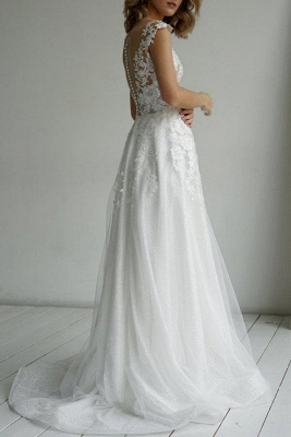 Exquisite Floor-Length A-Line V-Neck Chapel Backless Sleeveless Wedding Dresses with Appliques_2