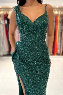 Fabulous Dark Green Asymmetrical Spaghetti Strap Sleeveless Sequins Prom Dresses_4