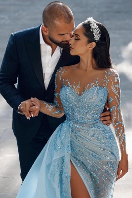 Chic Blue Long Sleeves Sequins Mermaid Floor-Length Prom Dresses with Ruffles_3