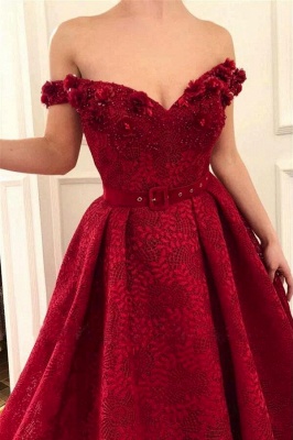 Elegant Dark Red Off the Shoulder A-Line Sleeveless Lace Prom Dresses_3