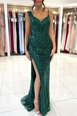 Fabulous Dark Green Asymmetrical Spaghetti Strap Sleeveless Sequins Prom Dresses_2