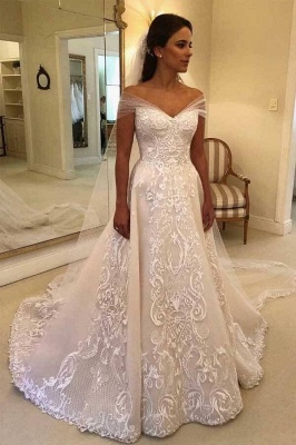 Elegant A-Line Off the Shoulder Sequins Sweetheart Mermaid Sequins Sleeveless Wedding Dresses with Appliques_1