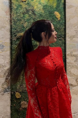 Chic Red High Collar Mini Long Sleeves Short Homecoming Prom Dresses with Lace_2