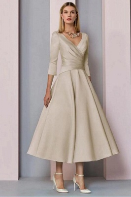Elegant Champagne V-Neck Tea-Length A-Line 3/4 Long Sleeve Satin Evening Dress