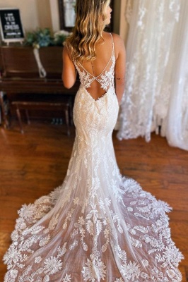 Elegant Spaghetti Strap Sweetheart Chapel Mermaid Sleeveless Wedding Dresses_2