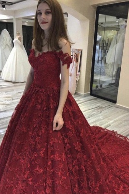 Elegant Red Chapel Off the Shoulder Sleeveless Lace Ball Gown Wedding Dresses with Appliques_1