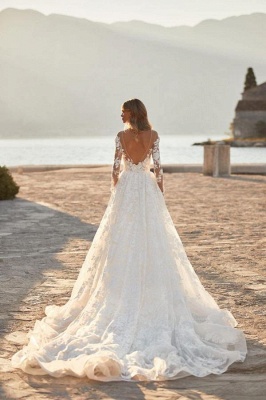 Elegant A-Line Chapel Jewel Long Sleeve Lace Wedding Dresses with Appliques_2