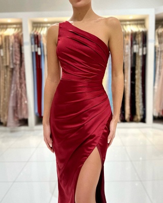 Elegant Dark Red Floor-Length One Shoulder Mermaid Prom Dress with Ruffles_3