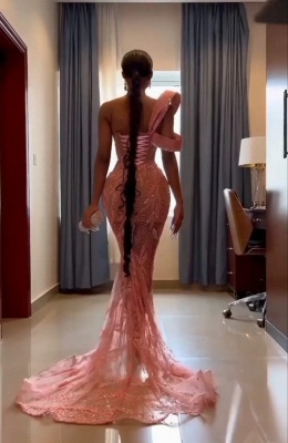 Chic Asymmetrical Mermaid Floor Length Sweetheart One Shoulder Tulle Prom Dress_5
