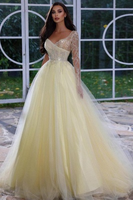 Elegant Yellow A-Line Asymmetrical Floor-Length One Shoulder Prom Dress with Ruffles_1