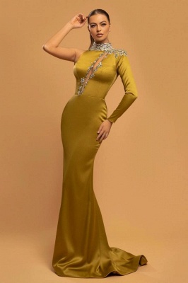 Elegant Yellow One Shoulder Floor-Length High Collar Strech Satin Prom Dress_1
