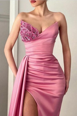 Gorgeous Pink Mermaid Sweetheart Sleeveless Floor-Length Stretch Satin Prom Dresses with Ruffles_2