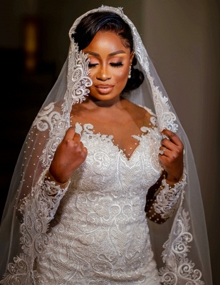 Charming Beading Sweetheart Mermaid Long Sleeve Chapel Lace Wedding Dress_3