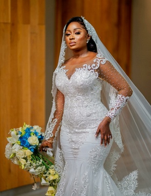 Charming Beading Sweetheart Mermaid Long Sleeve Chapel Lace Wedding Dress_1