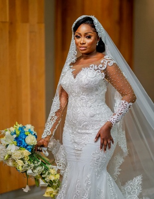 Charming Beading Sweetheart Mermaid Long Sleeve Chapel Lace Wedding Dress_2