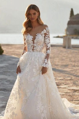 Elegant A-Line Chapel Jewel Long Sleeve Lace Wedding Dresses with Appliques_3