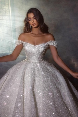 Divine Sequins Off the Shoulder Sleeveless Ball Gown Wedding Dresses with Ruffles_2
