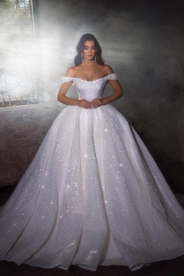 Divine Sequins Off the Shoulder Sleeveless Ball Gown Wedding Dresses with Ruffles_1