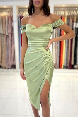 Green Stretch Satin Sweetheart Knee-Length Mermaid Prom Dress with Ruffles_1