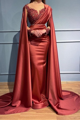 Elegant Red Bateau Mermaid Long Sleeves Stretch Satin Prom Dress with Appliques_1