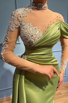 Elegant Green V-Neck Mermaid Floor-Length Long Sleeve Stretch Satin Prom Dress_2