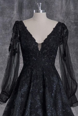 Deluxe Black Chapel V-Neck A-Line Lace Flax Wedding Dress with Appliques_3
