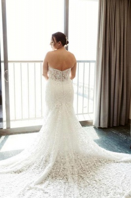 Charming Strapless Chapel Sleeveless Mermaid Lace Wedding Dress with Appliques_2
