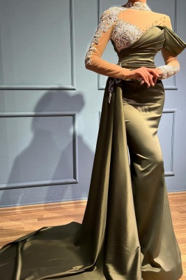 Elegant Green V-Neck Mermaid Floor-Length Long Sleeve Stretch Satin Prom Dress_3
