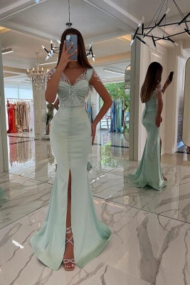 Elegant Blue V-Neck Sleeveless Floor-Length Mermaid Stretch Satin Prom Dress_1