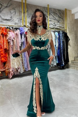Elegant Green Chapel High Collar Mermaid Sleeveless Velvet Prom Dress with Appliques_1