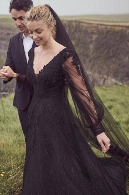 Deluxe Black Chapel V-Neck A-Line Lace Flax Wedding Dress with Appliques_1