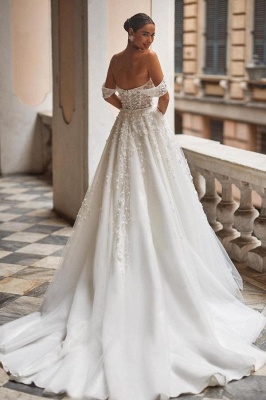 Elegant Off the Shoulder Chapel A-Line Sleeveless Lace Wedding Dress_2