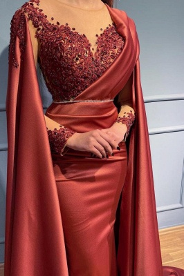 Elegant Red Bateau Mermaid Long Sleeves Stretch Satin Prom Dress with Appliques_2