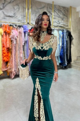 Elegant Green Chapel High Collar Mermaid Sleeveless Velvet Prom Dress with Appliques_3