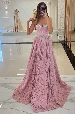 Charming Pink Sleeveless Spaghetti Strap A-Line Lace Prom Dress_3