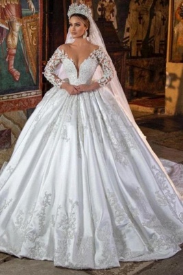 Elegent Long Sleeve V-Neck Satin Ball Gown Wedding Dress_1