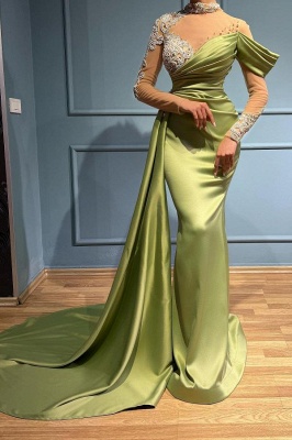 Elegant Green V-Neck Mermaid Floor-Length Long Sleeve Stretch Satin Prom Dress_1