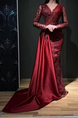 Elegant Red V-Neck Mermaid Floor-Length Long Sleeve Stretch Satin Prom Dress_1