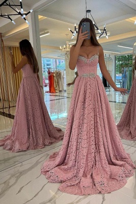 Charming Pink Sleeveless Spaghetti Strap A-Line Lace Prom Dress_1